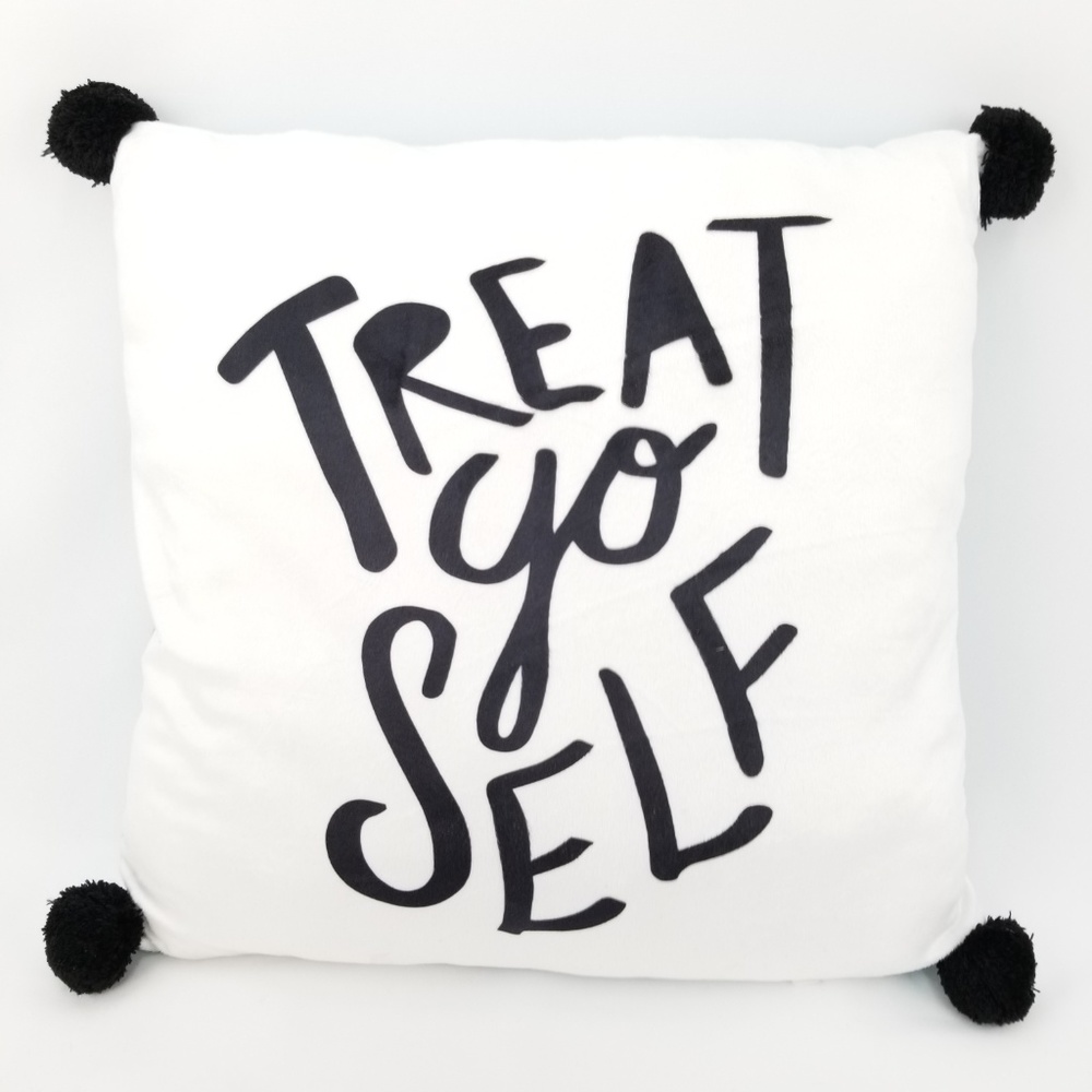 New Treat Yourself Pom Pom Plush 16" Square Accent Pillow Teal Aqua Reverse Back